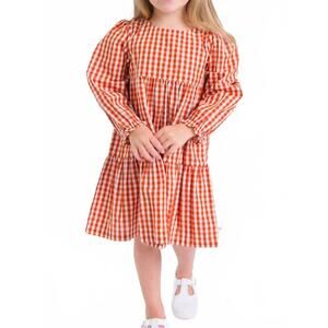 NEW RUFFLEBUTTS girls' gingham woven long sleeve tiered twirl dress in orange